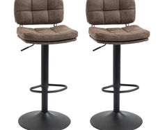 Set of 2 Button-Tufted Vintage Bar Stools - Swivel, Adjustable - Footrest - Brown PU