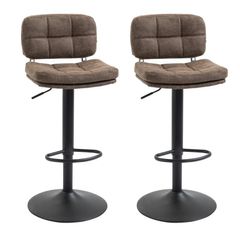 Set of 2 Button-Tufted Vintage Bar Stools - Swivel, Adjustable - Footrest - Brown PU