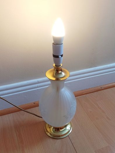 Vintage frosted glass table lamp featuring etched rose motif  height 37cm