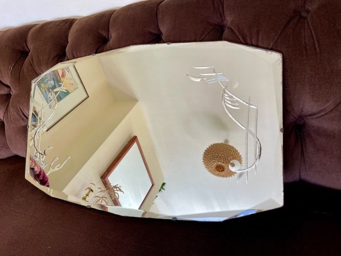 Large Vintage Mid Century Bevelled Mirror with Chain Reverse Etched Chinoiserie Detail