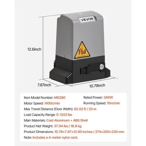 280W Electric Sliding Gate Opener for Doors up to 25m 816kg, Nylon Gear Rack Rolling Door Motor with Infrared Sensor & 2 Remote Controls, Driveway Gates Opening System