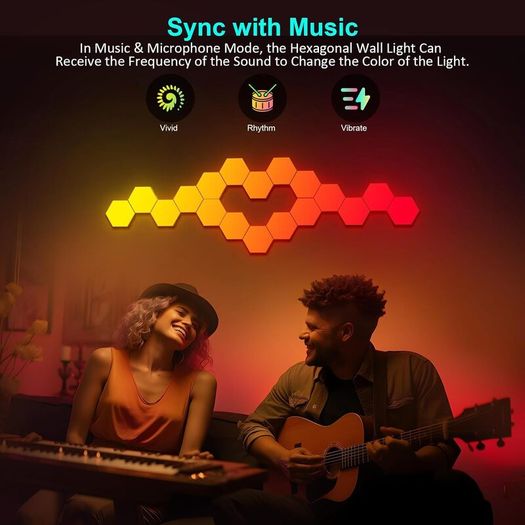Hexagon Lights Gaming with Remote & App Control, 12 Pack RGB Led Hex Light Panels, Geometry Night Lamp DIY Hexagon Smart Wall Lights Sync to Music for Room Bar Decor Gaming Setup