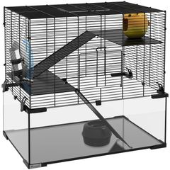 3 Tiers Hamster Cage, Gerbil Cage with Deep Glass Bottom, Non-Slip Ramps, Platforms, Hut, Exercise Wheels, Water Bottle, Dish, for Syrian Hamster, Dwarf Hamster, 60 x 40 x 54.5cm