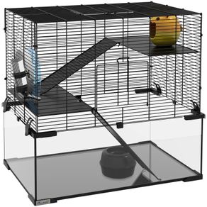 3 Tiers Hamster Cage, Gerbil Cage with Deep Glass Bottom, Non-Slip Ramps, Platforms, Hut, Exercise Wheels, Water Bottle, Dish, for Syrian Hamster, Dwarf Hamster, 60 x 40 x 54.5cm