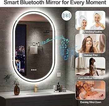Oval Bathroom Mirror with LED Lights 600x1000mm, Bluetooth Led Mirror Bathroom with Memory, Anti-Fog, 3000K-6500K, Dimmable, HD Tempered Glass, IP44 Waterproof,