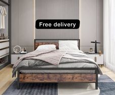 King Size Bed Frame with Wood Headboard,Heavy Duty Metal Platform