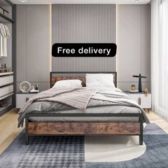 King Size Bed Frame with Wood Headboard,Heavy Duty Metal Platform