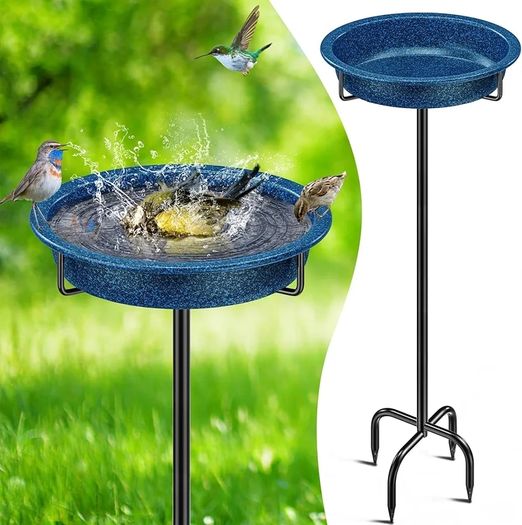 40 Inch Bird Feeding Bowl & Water Point Standing, Metal Bath for Wild Birds, Large Frost-Proof Winterproof (Blue)