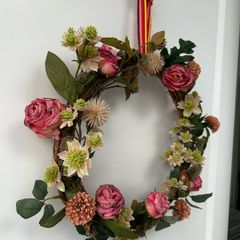 Handmade Rattan Wreath with Pink Roses & Dried Botanicals, 35-inch