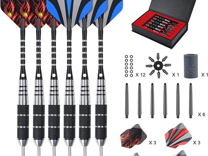 Steel Darts Set, Professional 23g Darts Tip with Non-Slip Stainless Steel Shaft, Poly Flights, PVC Shafts, Dart Sharpener, Rubber Rings, Flight Protecter, with Gift Box