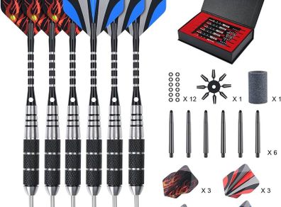 Steel Darts Set, Professional 23g Darts Tip with Non-Slip Stainless Steel Shaft, Poly Flights, PVC Shafts, Dart Sharpener, Rubber Rings, Flight Protecter, with Gift Box