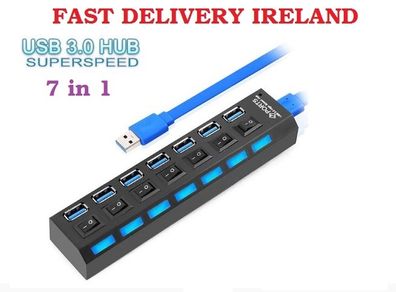USB 3.0 Hub USB Splitter 7 Port Expander With Switch Power Adapter FAST SPEED