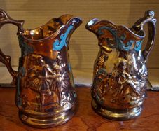 Pair of Genuine Antique Staffordshire Copper Lustre Jugs (c.1850)