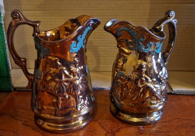 Pair of Genuine Antique Staffordshire Copper Lustre Jugs (c.1850)