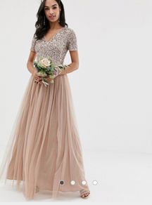 Maya Bridesmaid v neck maxi tulle dress with tonal delicate sequins in taupe blush