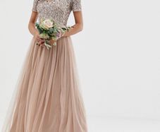 Maya Bridesmaid v neck maxi tulle dress with tonal delicate sequins in taupe blush
