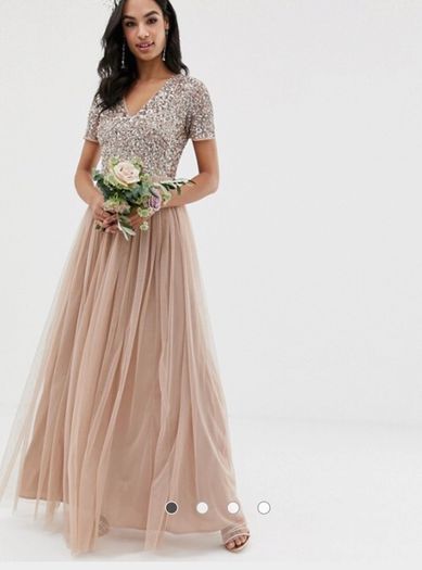 Maya Bridesmaid v neck maxi tulle dress with tonal delicate sequins in taupe blush