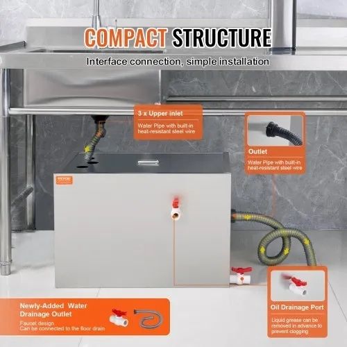 Commercial Grease Trap, 40 LBS Grease Interceptor, Top Inlet Interceptor, Under Sink Stainless Steel Grease Trap, 10 GPM Waste