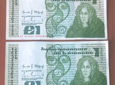 Two irish one pound punt notes