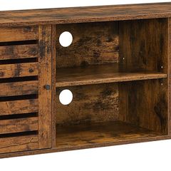 _TV cabinet, TV shelf, TV table, TV table, with lamellar doors, open compartments, 2 holes for cables, adjustable shelves, for TVs up to 43 inches, vintage brown