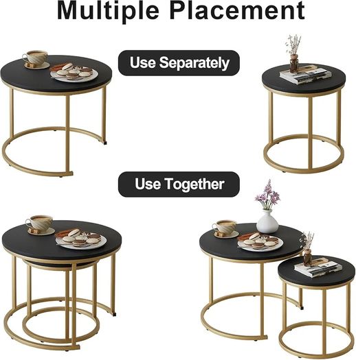Round Coffee Tables, Set of 2 End Table, Nesting Tables, Side Table Metal Gold Frame for Living Room/Bedroom/Balcony/Office/Apartment, Diameter 23.6/15.7 IN, Black Top, Prevent right angles