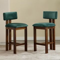 Set of 2 Velvet Bar Stools Wooden Kitchen Stools with Backrest