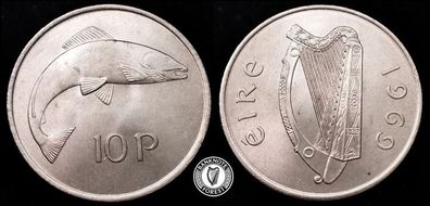 [#2374] - Ireland 1969 | Irish 10p | 10 Pence | Salmon | KM.23 | Mint State | MS