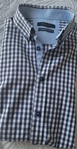SELECTED HOMME Navy & White Superior Egyptian Cotton check shirt with button down collar Sz L - Rrp 75 (New)