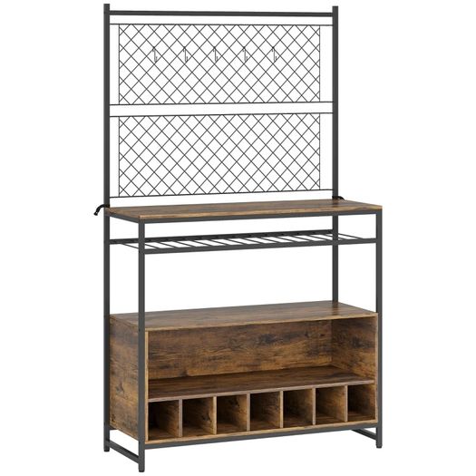 Kitchen rack with work surface, metal grid panels, 5 hooks, kitchen cabinet for spices, pots, pans, brown
