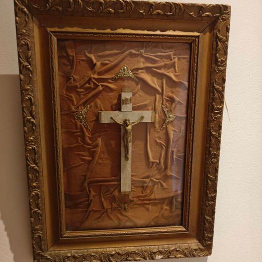 Vintage large convex framed crucifix, Jesus, religious devotional item