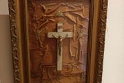 Vintage large convex framed crucifix, Jesus, religious devotional item