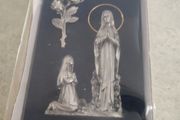 Lourdes Decoration IN BOX blue velvet Mary and Bernadette WITH A rose  ALAGROTTE BENIE JAI PRIE POUR VOUS