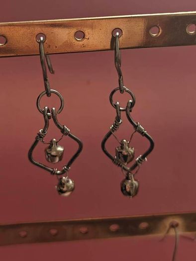 Stainless Steel Earrings with Bells, Handmade Wire Art, Geometric Dangles