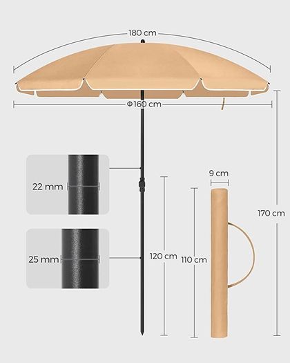 1.6 m Parasol, Beach Umbrella, UPF 50+, Sun Protection, Portable Octagonal Polyester Canopy, Fibreglass Ribs, Tilt Mechanism, Carry Bag, for Beach Garden Balcony Pool, Taupe MULTIPLE COLOURS AVAILABLE (FREE POSTAGE)