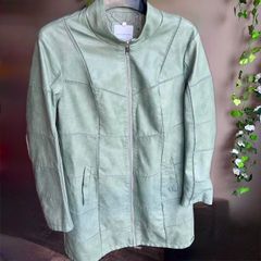 Rino &Pelle Sage Green Faux Leather Coat UK 10/12 Fits 42 Like New Minimal Luxe