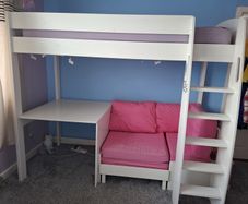 Stompa Uno S White High Sleeper with Fixed Desk and Pink Blossom Sofa Bed