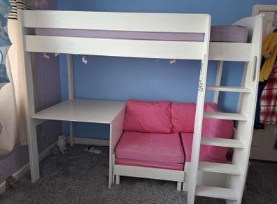 Stompa Uno S White High Sleeper with Fixed Desk and Pink Blossom Sofa Bed