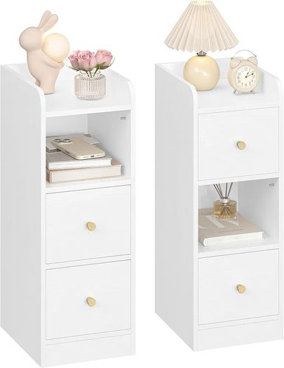 Slim Bedside Tables Set of 2, Narrow Side Table with 2 Drawers, Bedside Cabinet with Open Compartment, Adjustable Drawer Position for Bedroom, Living Room, 30 x 24 x 65 cm White