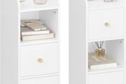 Slim Bedside Tables Set of 2, Narrow Side Table with 2 Drawers, Bedside Cabinet with Open Compartment, Adjustable Drawer Position for Bedroom, Living Room, 30 x 24 x 65 cm White