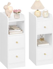 Slim Bedside Tables Set of 2, Narrow Side Table with 2 Drawers, Bedside Cabinet with Open Compartment, Adjustable Drawer Position for Bedroom, Living Room, 30 x 24 x 65 cm White