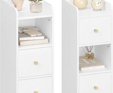 Slim Bedside Tables Set of 2, Narrow Side Table with 2 Drawers, Bedside Cabinet with Open Compartment, Adjustable Drawer Position for Bedroom, Living Room, 30 x 24 x 65 cm White