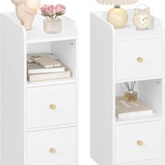 Slim Bedside Tables Set of 2, Narrow Side Table with 2 Drawers, Bedside Cabinet with Open Compartment, Adjustable Drawer Position for Bedroom, Living Room, 30 x 24 x 65 cm White