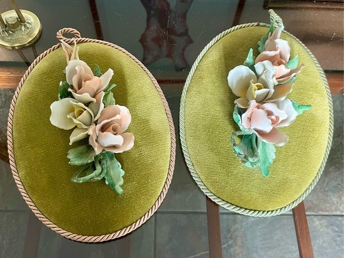 Vintage Pair Genuine Capo di monte 3D Porcelain Floral Wall Plaques with Label