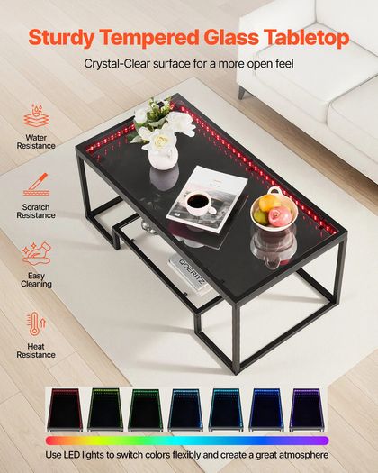 Coffee Table, Modern Tempered Glass Coffee Table with Lighting, 2 Tiers Rectangle Glass Center Desk with Open Storage, Minimalist Metal Accent End Desk for Living Room, Office, Easy Assembly