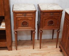 Pair of Antique French Oak Marble-Top Bedside Cabinets