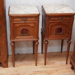 Pair of Antique French Oak Marble-Top Bedside Cabinets