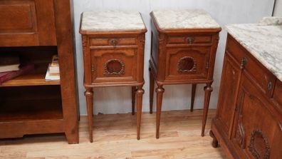 Pair of Antique French Oak Marble-Top Bedside Cabinets