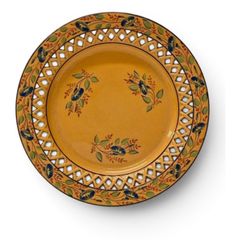 Davenport Longport. Hand-Painted Orange-Ground Reticulated Plate c.1805 to 1815. Regency Staffordshire