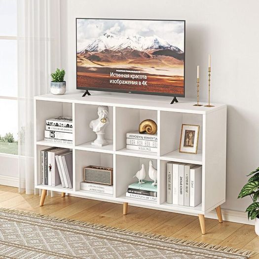 2 Tier Retro Bookcase with Legs 8 Cube Bookshelf 120cm Wood Bookshelves Storage Organizer Shelf, Freestanding