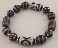 Vintage Himalayan Tibetan Dzi Agate Beads 2-Eyes Bracelet with Dotted Quartz